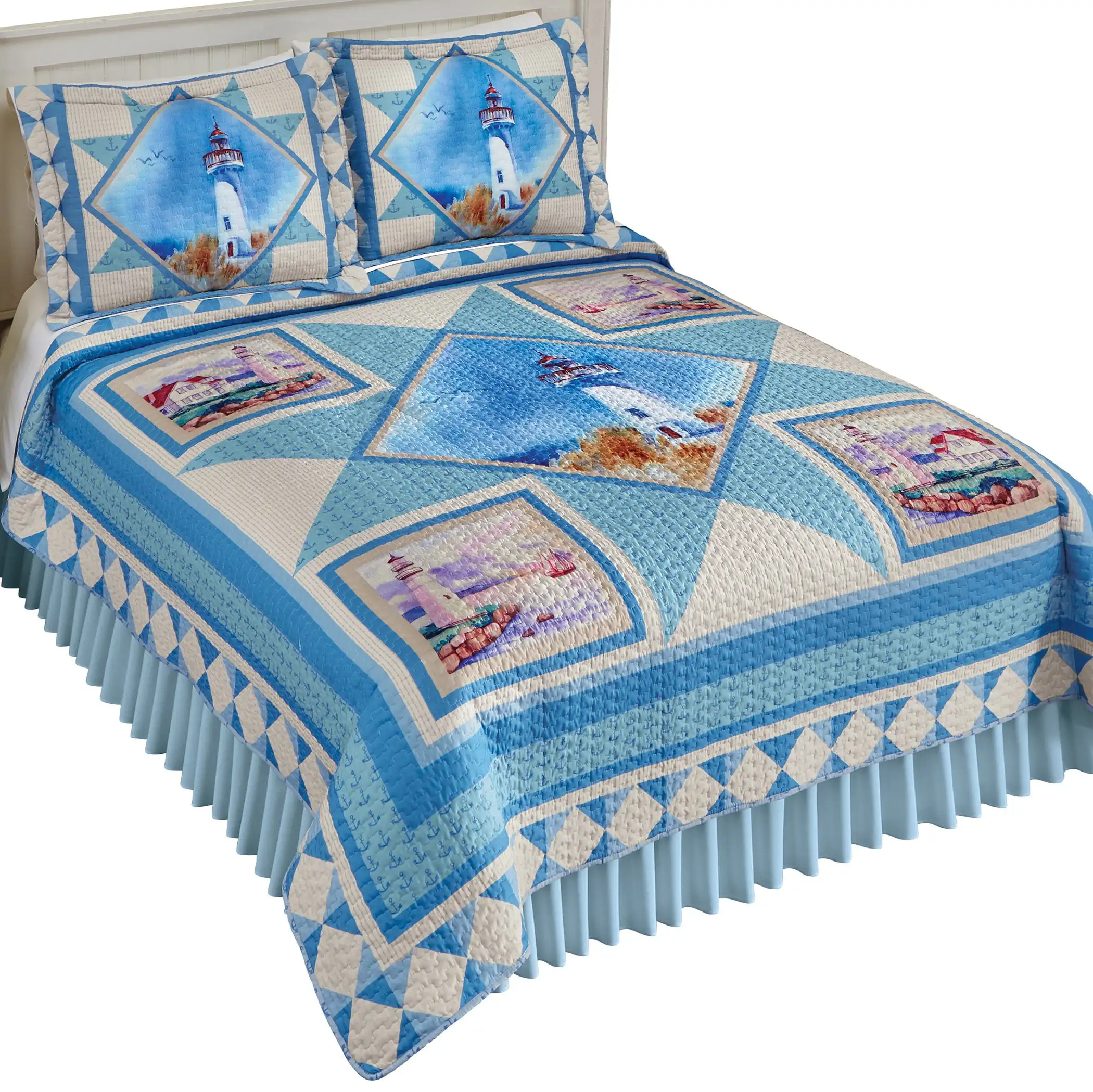 

Nautical Blue Star Lighthouse Seaside Style Quilt Blue Full/Queen