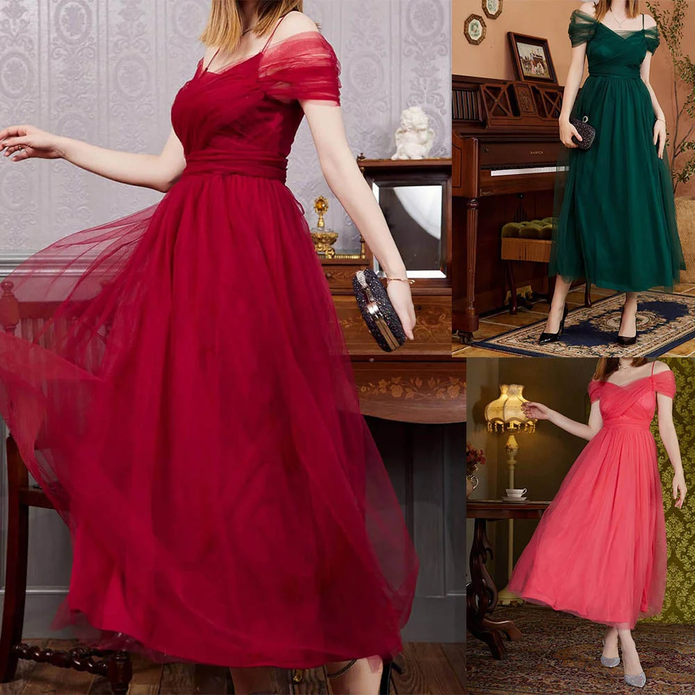 

Casual elegant slim sexy dress,Spring and Summer New Mesh Women's Dress Sexy One Neck Strap Wedding Bridesmaid Dress2023