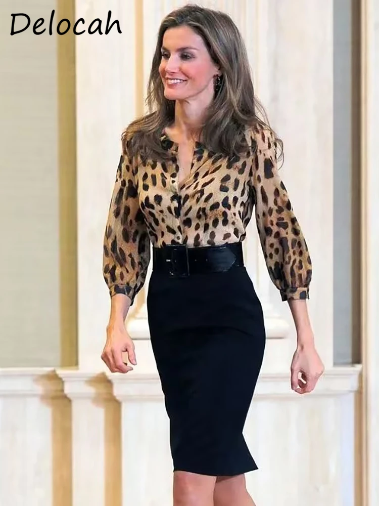 Delocah High Quality Autumn Women Fashion Designer Skirts Sets Lantern Sleeve Leopard Shirts + With Belt Black Pencil Skirt Suit