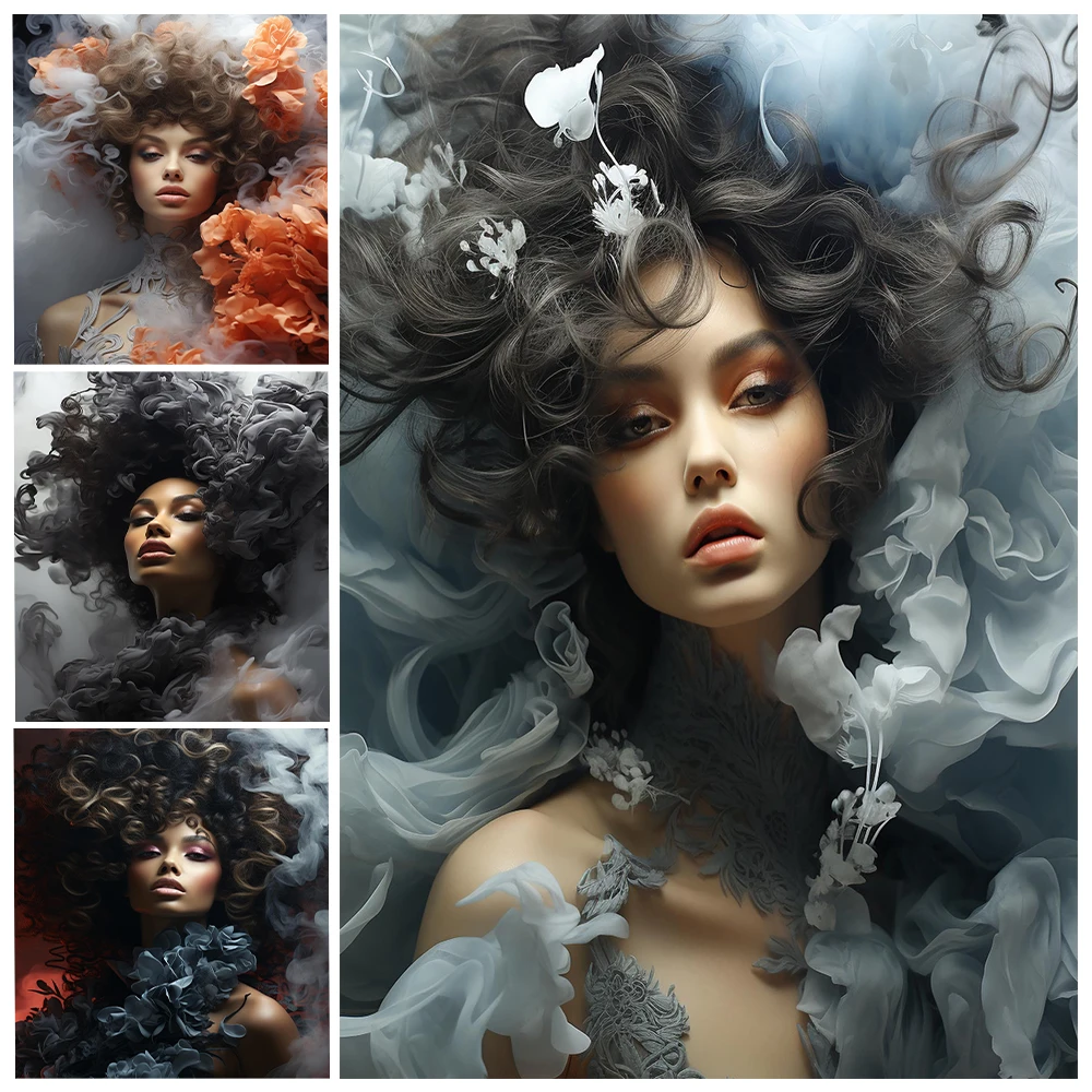 

Illustration Girl Smoke Flowers Beauty Woman Poster Wall Art Canvas Painting Home Decor Wall Pictures For Living Room Unframed