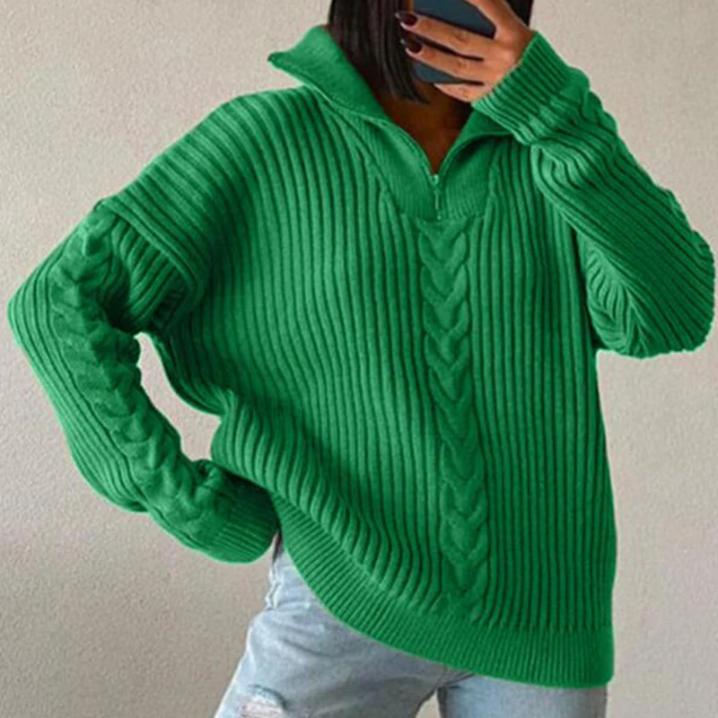 

Женский вязаный свитер на молнии, повседневный однотонный пуловер свободного покроя с отложным воротником и длинным рукавом, весна-осень