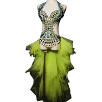fashion women sparkly rhinestone green bodysuits long mesh tailing handmade two pieces set nightclub dj singer dance stage wear