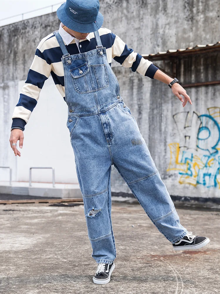 DEEPTOWN Vintage Denim Overalls Men Loose Straight Cargo Pants Hole Solid Streetwear Hip Hop Trousers Classic Casual Plus 6XL