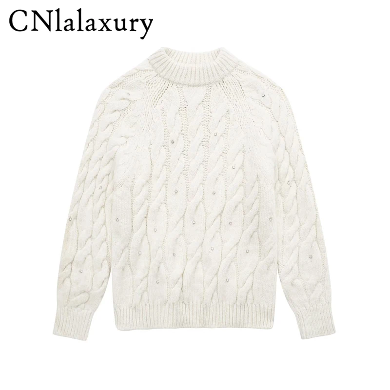 

CNlalaxur Women 2023 Autumn Winter Round Neck Rhinestone Decoration White Sweater Casual Long Sleeve 8-strand Knitting Sweaters