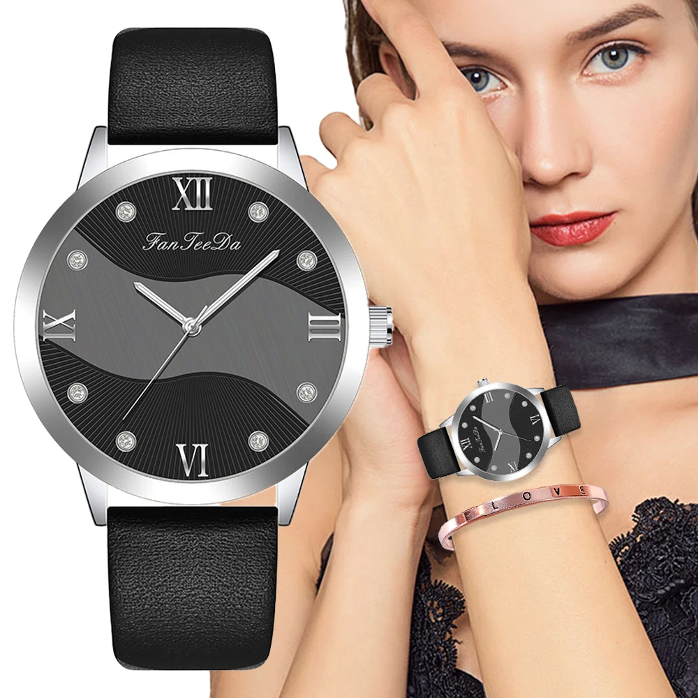 

Fashion New 2022 Hot Sale Luxury Simple Diamond Roman Wave Style Women's Quartz Watch Casual Black pu Leather Strap Ladies Watch