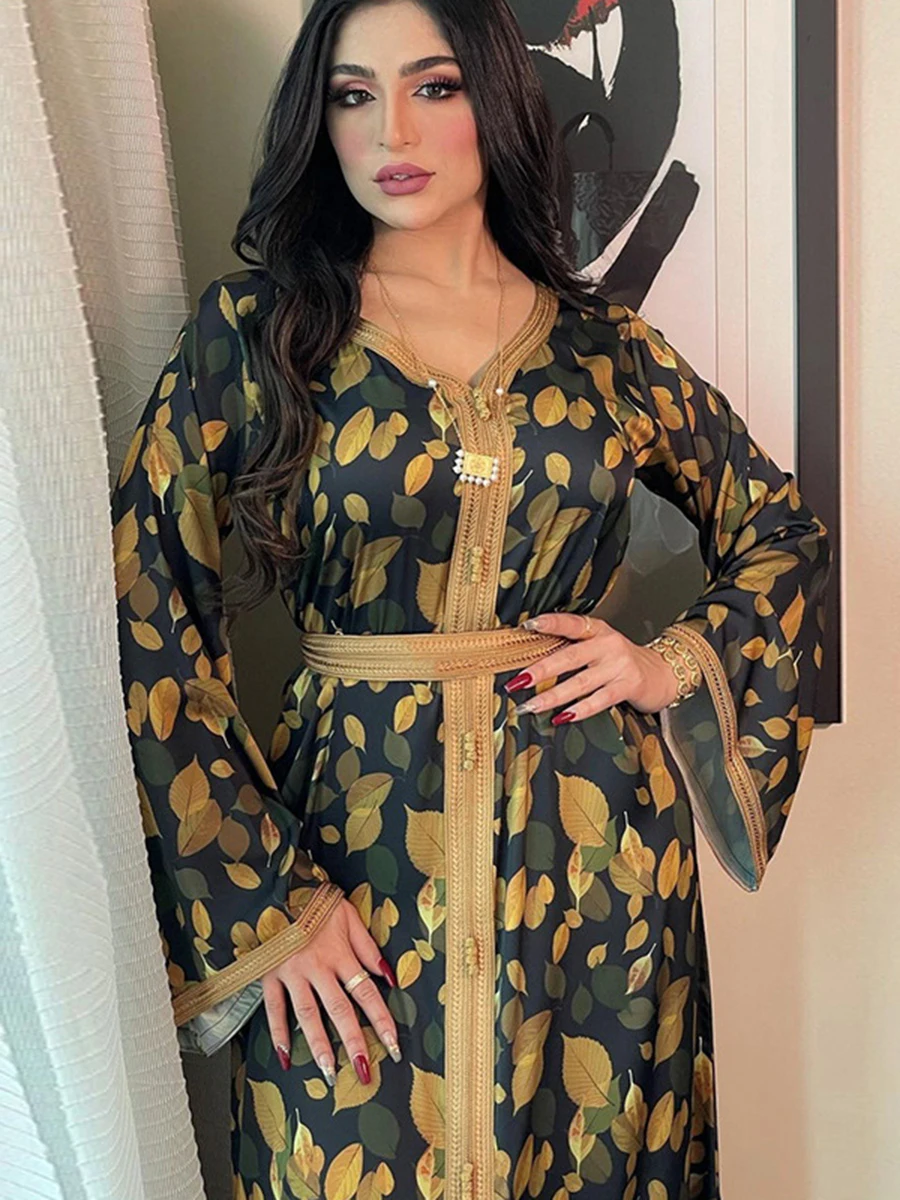 

Siskakia Elegant Ethnic Print Maxi Dress For Women Spring Autumn 2022 New Muslim Jalabiya Dubai Moroccan Caftan Feminine Clothes