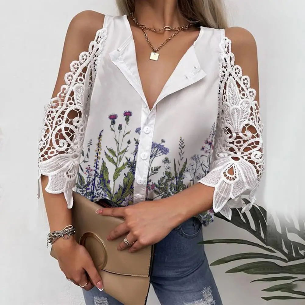 

Office Ladies Shirt Floral Print Lace Summer Hollow Out Off Shoulder Blouse Office Lady Elegant Printed Shirts blusas mujer