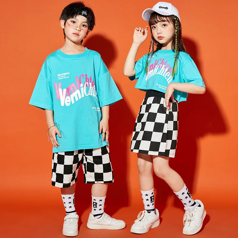 

Kids Summer Clothes Teen Hip Hop Outftis Letter Print T Shirt Tops Checkered Shorts Skirt Girl Boy Jazz Dance Costume 6 8 10 12Y