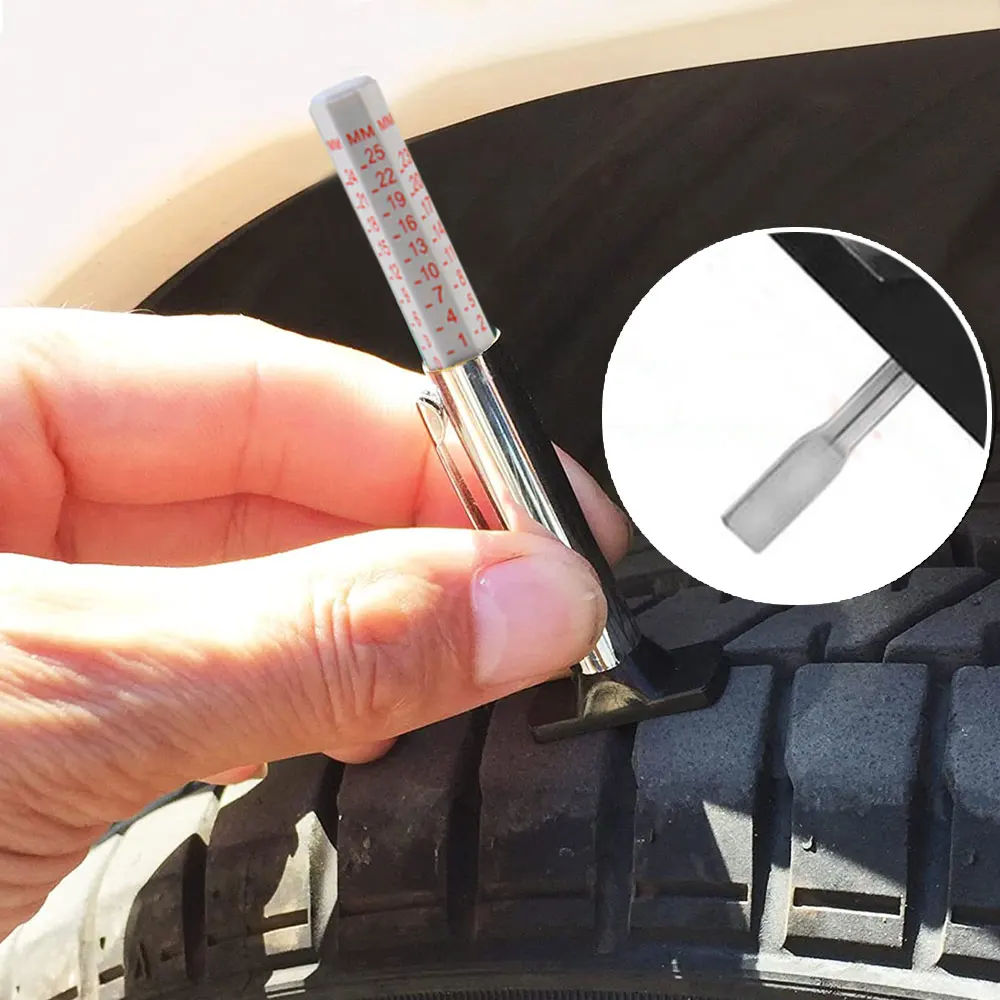 

Car Tyre Measuring Pen Universal Tire Tread Pattern Depth Measuring Tool AutomotiveTire Depth Feeler Gauge Thickness Gauges 25mm