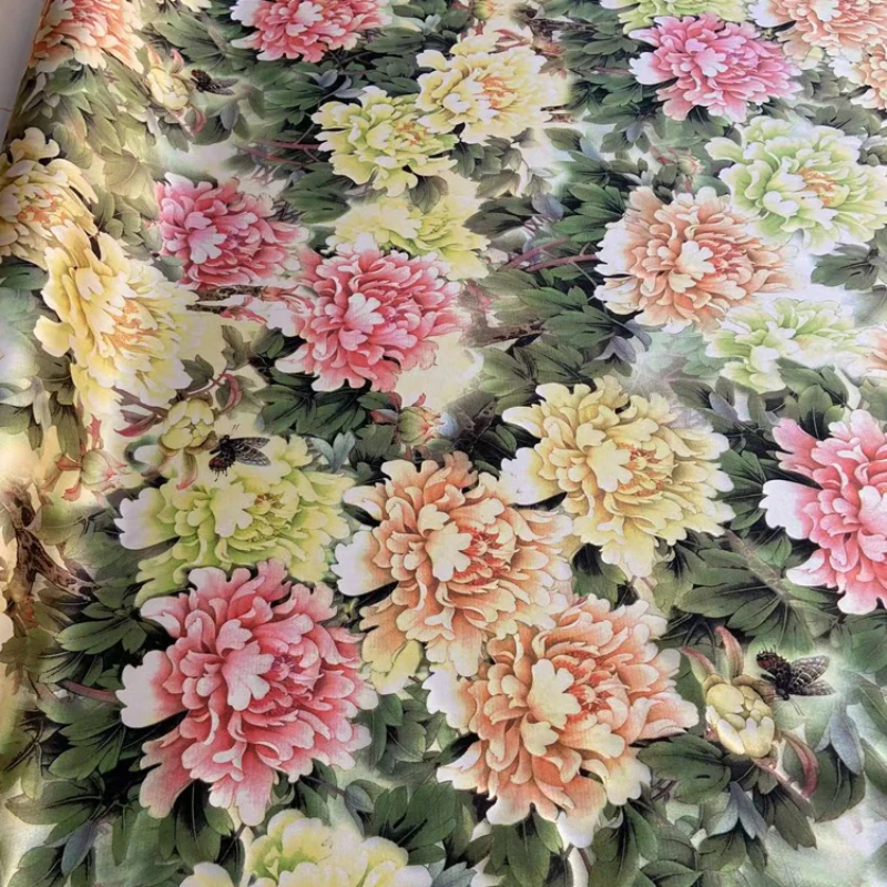 

Silk Satin Fabric Spring Summer Peony Pattern Digital Printing Stretch Satin Cheongsam Dress Diy Sew Clothing Fabrics Per Meter