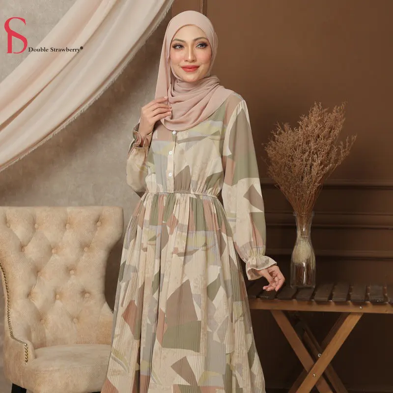 

Gown Dress Women's Indonesian Malay Arab Single Breasted Open Collar Pleated Large Hem Print Long Dresses