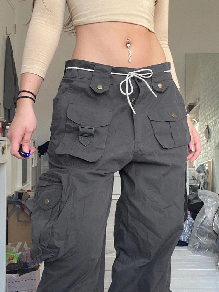 WeiYao Women Streetwear Jeans 100% Cotton Vintage Low Rise Pocket Patchwork Straight Denim Cargo Pants 2022 Summer New Mom Jean