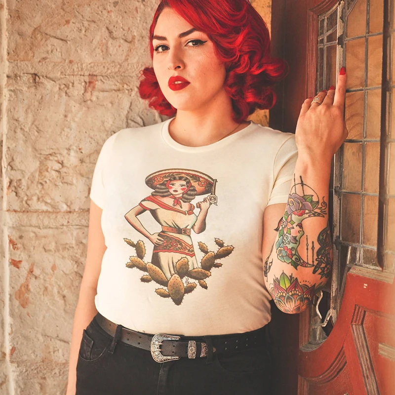 Забавная женская футболка La Valiente ведьмы и череп хлопок короткий рукав скелет