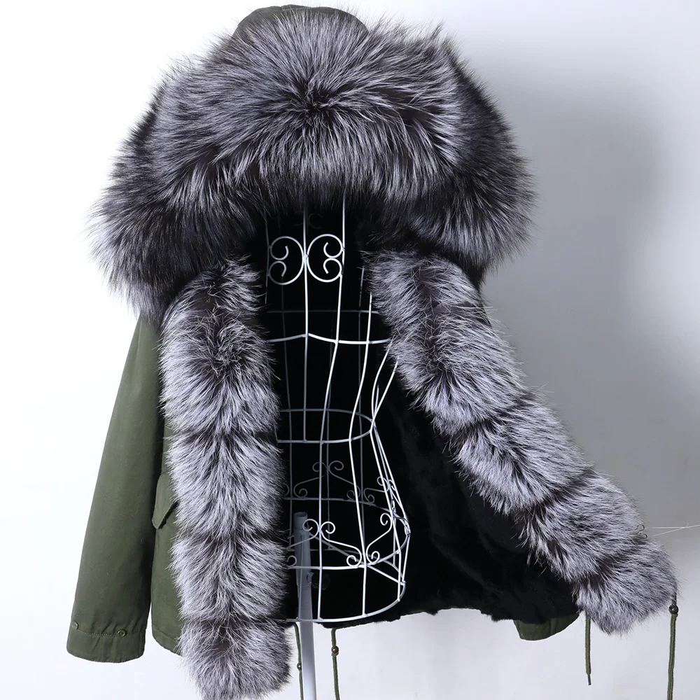 New Real Genuine Natural Rabbit Fur Coat With Hood Women's Fashion Fur Jacket Outwear Female clothing Rabbit Fur Lined Parka