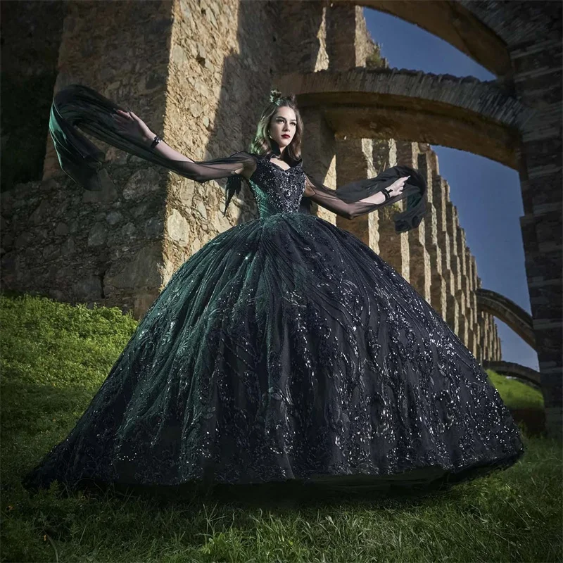 

Черные платья Charro Quinceanera, бальное платье, милое платье с аппликацией, жемчужинами и кристаллами, мексиканские милые платья 16 лет