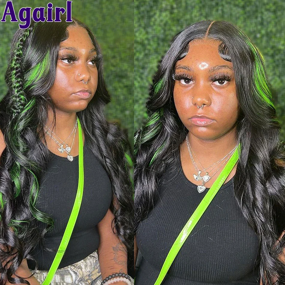 

13x6 13X4 HD Lace Front Wig Body Wave Green Highlight Colored PrePlucked 180% Density Glueless Wavy Lace Frontal Human Hair Wigs