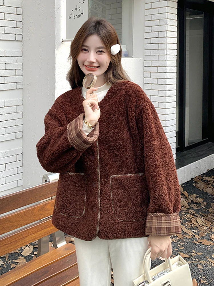 Ankela Red Graceful Fur Integrated Lamb Wool Outerwear Women 2024 Winter New Small Short Cotton-Padded Coat