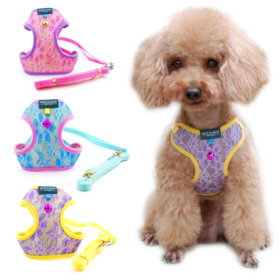 

Dog Cat Lace Harness Vest Pet Products Adjustable with Bell Walking Lead Leash Puppy Polyester Mesh Harness for Small Medium Dog