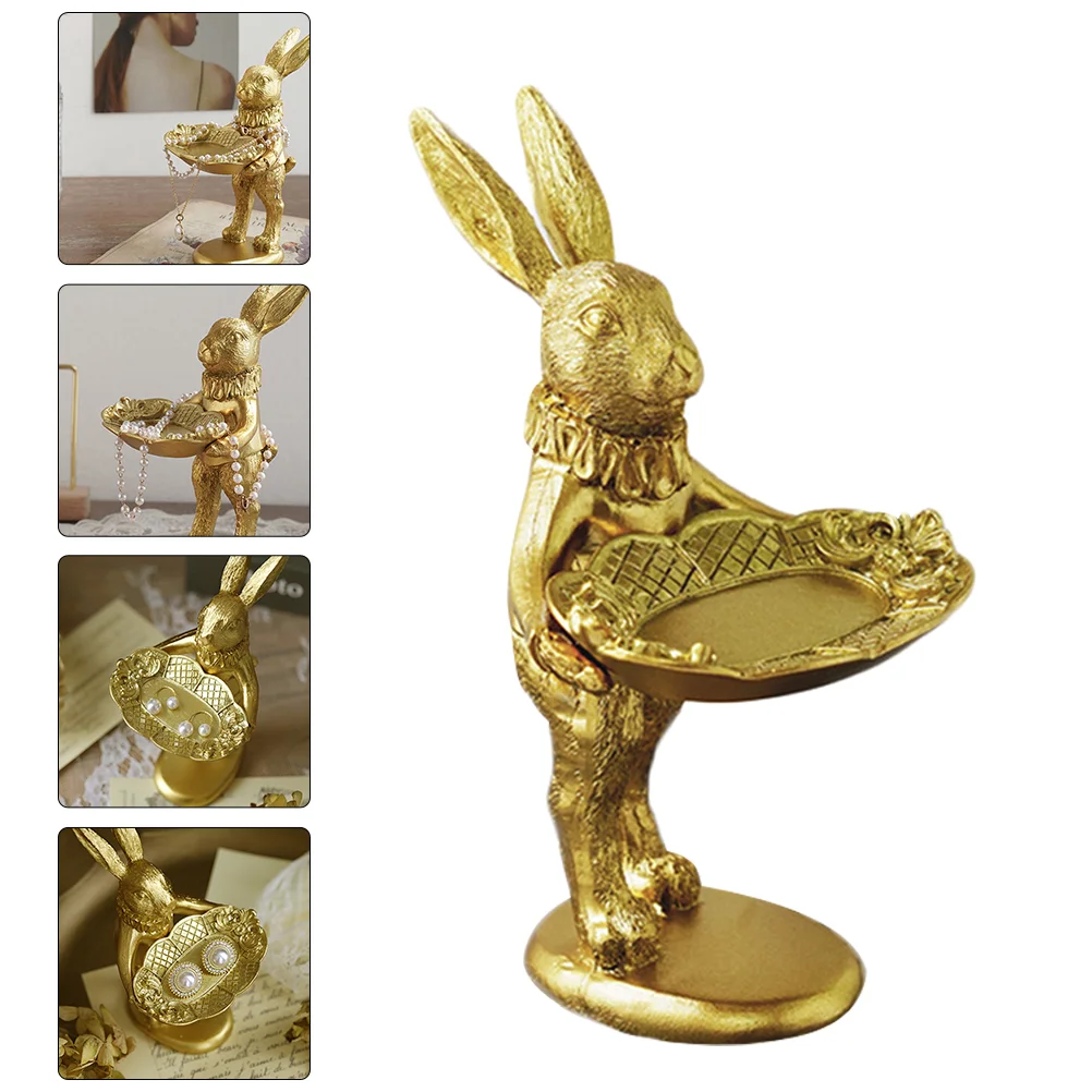 

Bunny Jewelry Rabbit Ring Dish Holder Tray Retro Model Easter Trinket Statue Golden Plate Miniature Figurine Decorations Figure