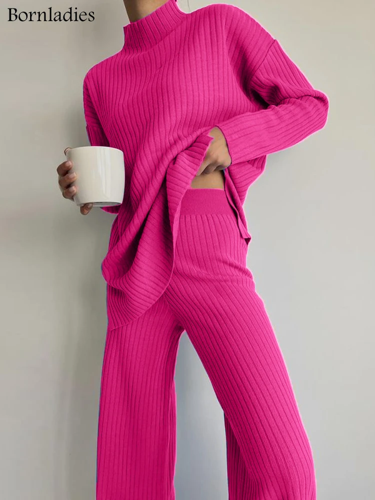 

Bornladies Rib Knitted Pullovers Sweaters Suit Women 2022 Loose Split Sweater and High Waist Pants 2 Piece Set Female Outifits