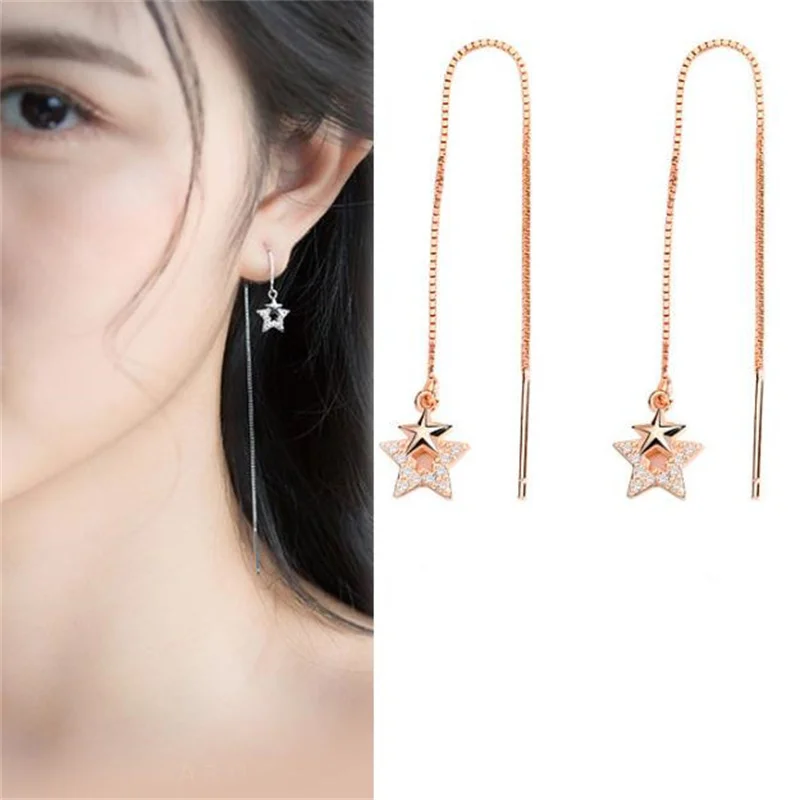 

Классические серьги с двойными звездами, Женские Ювелирные изделия, высокое качество, серебро 925 пробы, ушные линии для девочек, длинные кисточки, аксессуары для ушей