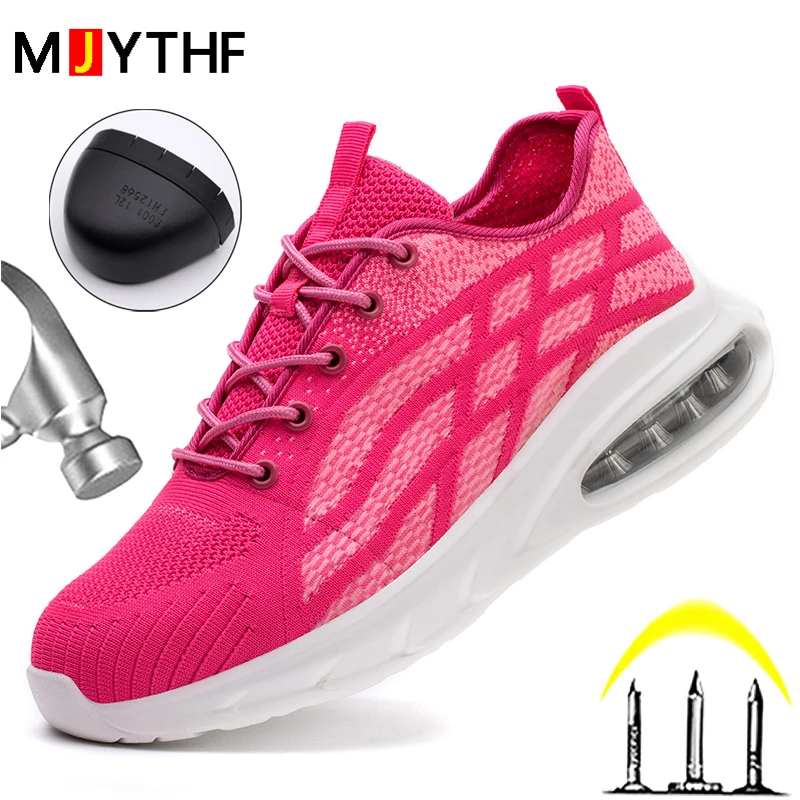 

Розовая Спортивная безопасная обувь на воздушной подушке для женщин и мужчин, модная неразрушаемая обувь, легкая рабочая обувь против ударов и проколов