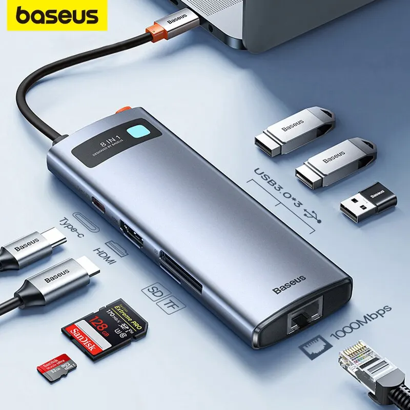   Baseus 맥북 프로용 USB 3.0 허브, 노트북 태블릿 액세서리, C타입-이더넷 포트, PD 100W 어댑터, 4K, 60Hz 