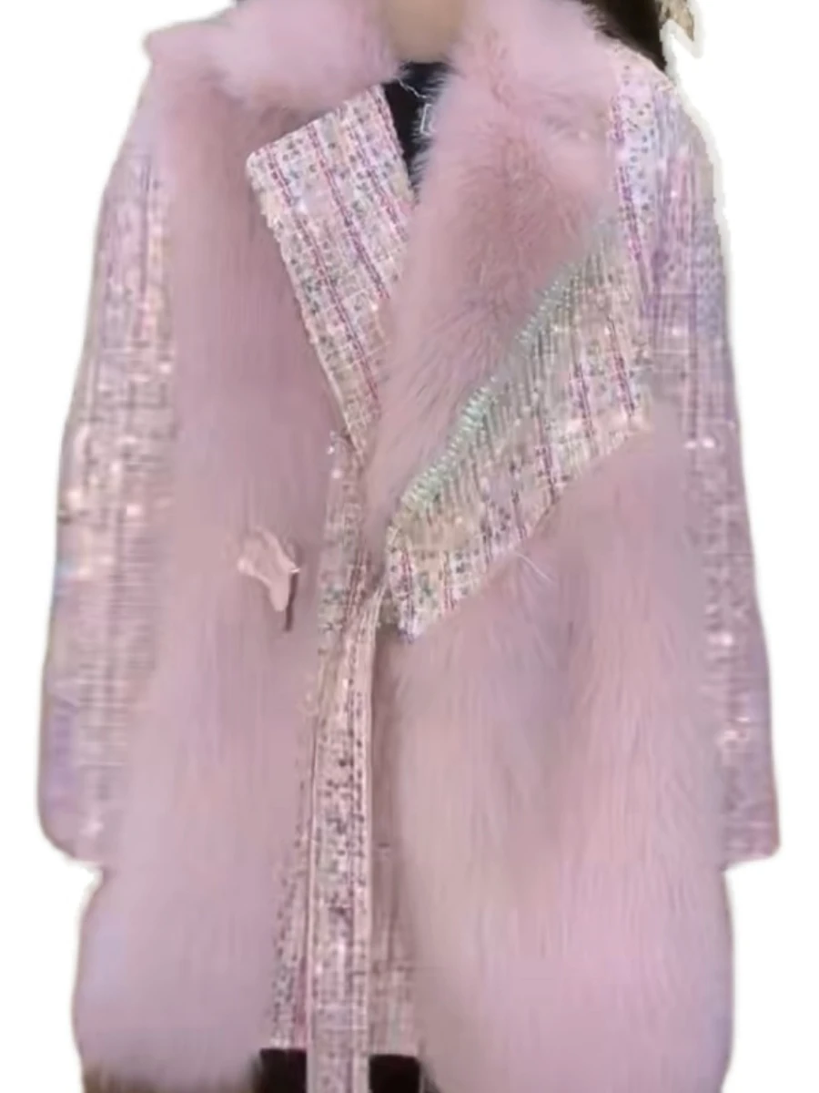 Toka Double Face Wool Warm Pink Fur Coat Female Heavy Industry Beads Tassel Sequins Casual Woolen Jacket 2022 New Winter Coats