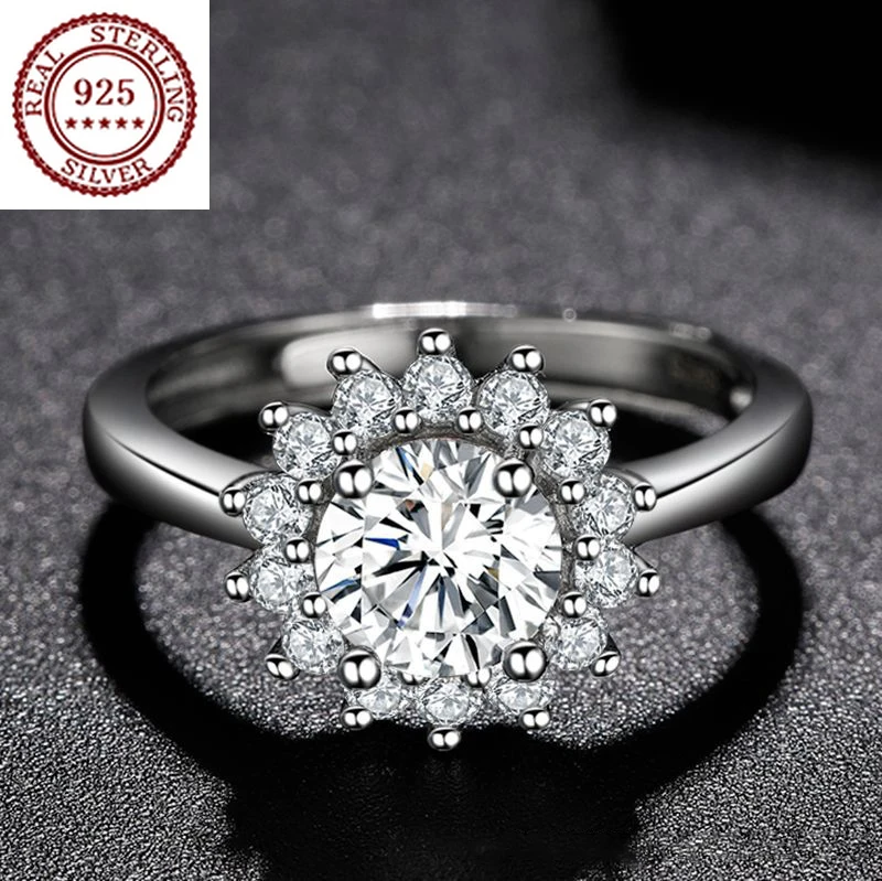 

European and American S925 Silver Imitation Moissanite Shining Sun Flower Diamond Ring Wedding Jewelry Proposal Birthday Gift