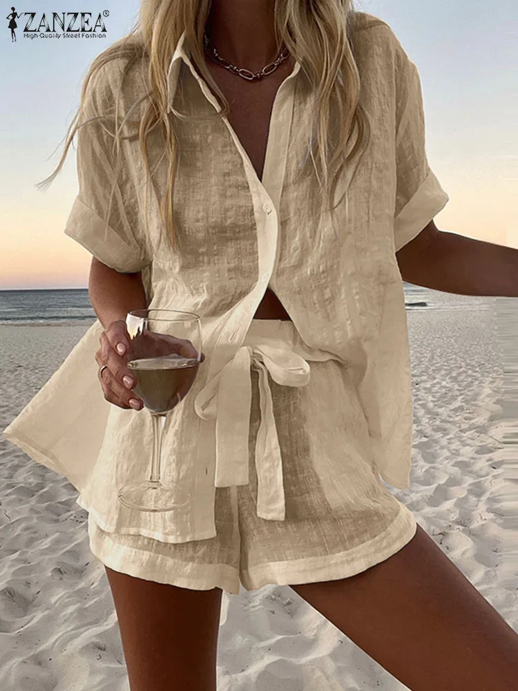 

ZANZEA Women Shirt and Belted Short Outfit Holiday 2 pcs Short Sets Fashion Street Thin Solid Matching Suit Casual Loose Twinset