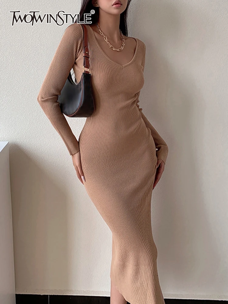 

TWOTWINSTYLE Solid Minimalist Dress For Women V Neck Long Sleeve High Waist Solid Midi Dresses Female Spring Clothing Style New
