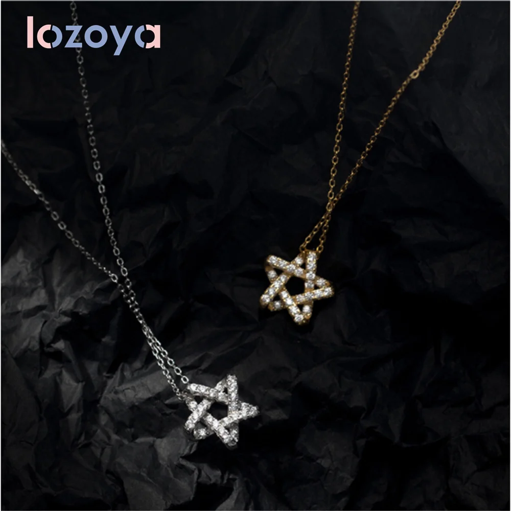 

Lozoya Women's 925 Sterling Silver Star Necklace Pendant Korean Version Zircon Hollow Five-pointed Star CZ Collarbone Chain