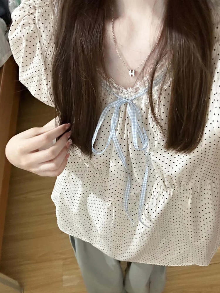 Милая блузка женские летние рубашки в горошек с коротким рукавом корейские