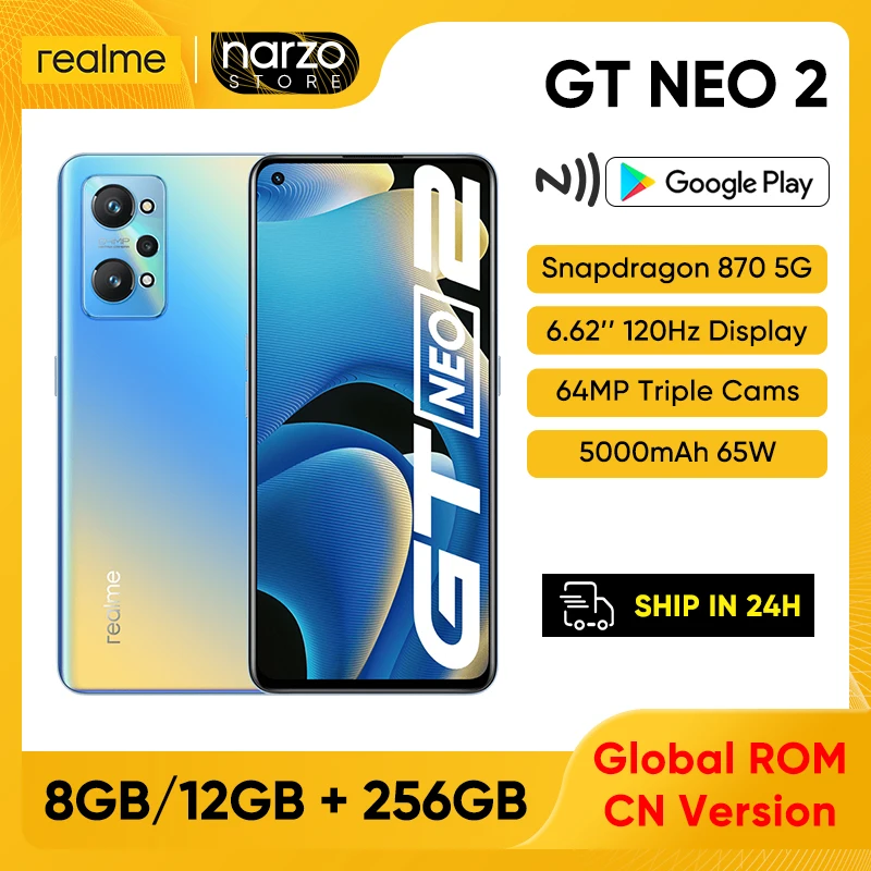 【global rom】realme gt neo 2 5g snapdragon 870 octa core 8gb12gb 256gb 6 62 120hz e4 amoled display 64mp ai triple camera 65w free gl
