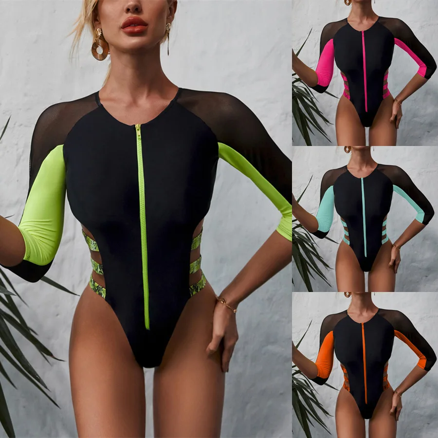 

2022 New Women One-piece Swimsuit Summer Stitching Bikini and Zipper One-piece Mesh Bikini One Piece Swimsuit Sexy Swimsuit