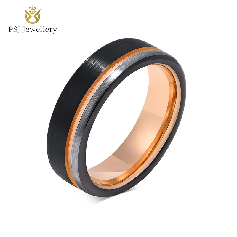 

PSJ Men's 6mm/8mm IP Black and Rose Gold Plated Grooved Tungsten Carbide Rings for Wedding Engagement Anniversary Gift Jewelry