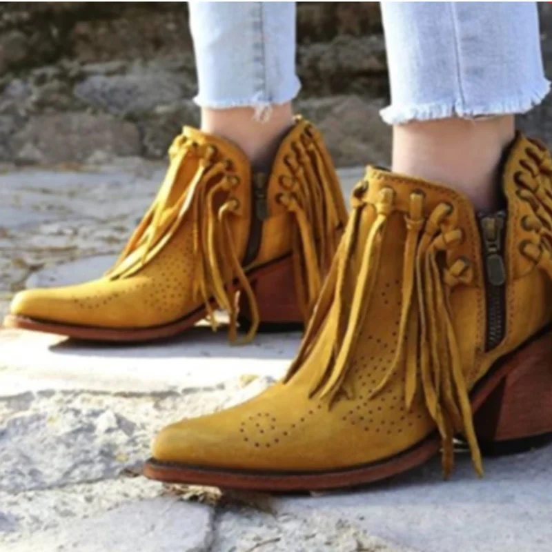 

2022 New Cowboy Boots Tassel Pointed Toe Wedge Yellow Western Boots Fashion Cowgirl Short Booties Bota Feminina