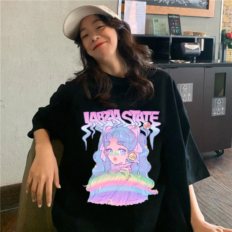 

Футболка Y2k женская оверсайз, милая рубашка в японском стиле Харадзюку, с аниме принтом, одежда в эстетическом стиле