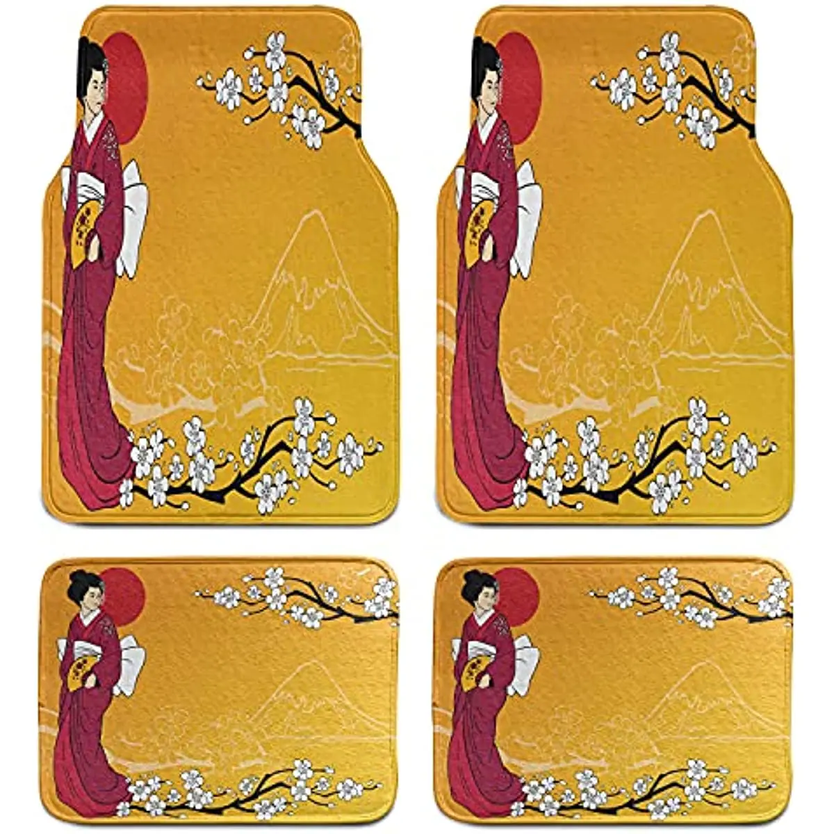 

Ambesonne Cherry Blossom Car Mat Set of 4, Geisha Woman and Sakura Trees in The Foothills of Hill, Front & Back Seat Floor Mat D