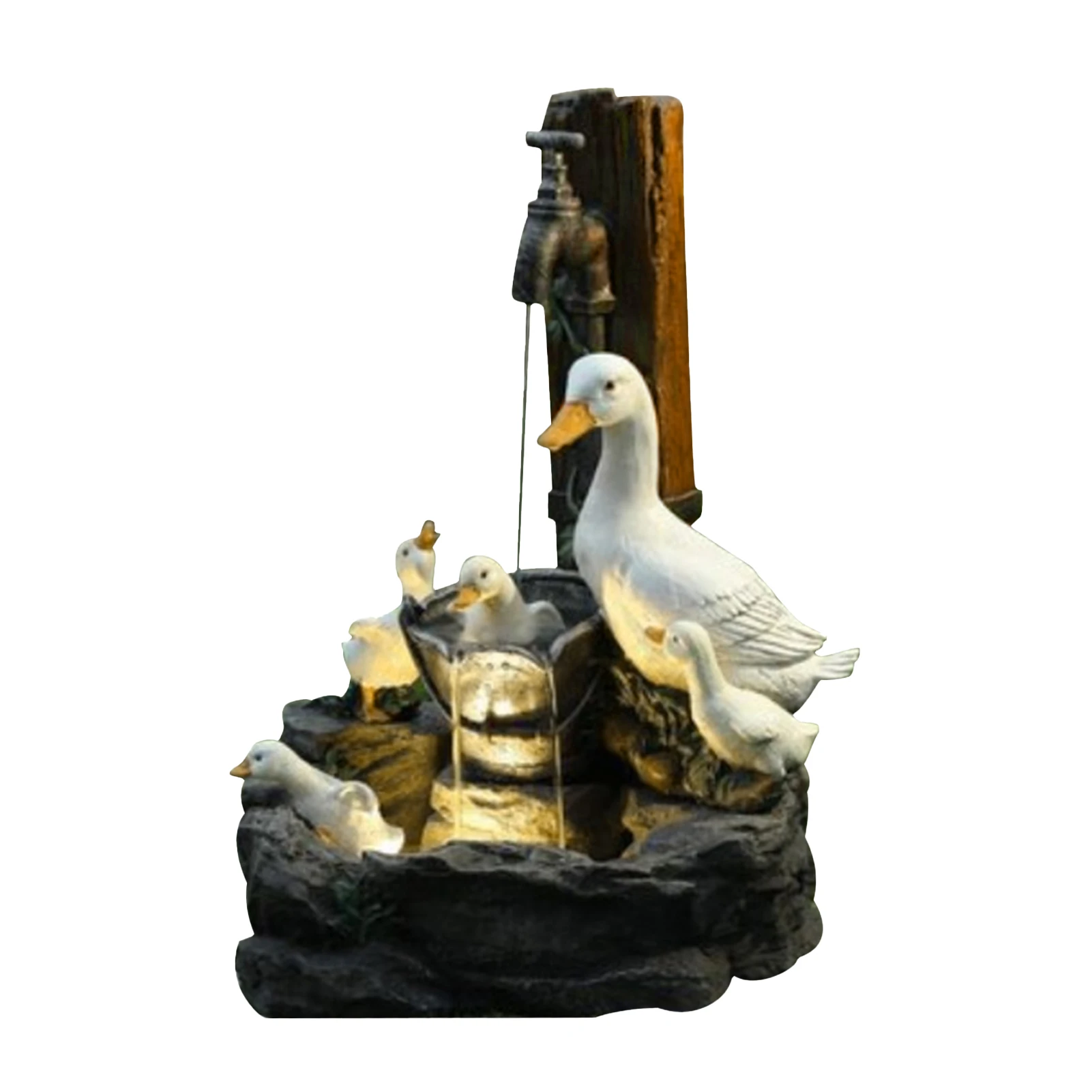 

Resin Craft Duck Fountain Weather Proof Statue Double Layer Gift Relaxing Mini Waterfall Garden Decor Patio Rustic Meditation