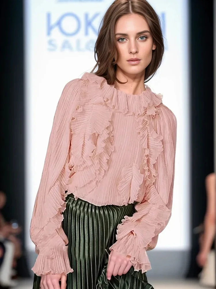 CHICEVER Женская Однотонная Лоскутная Рубашка Со Складками И Длинными Рукавами