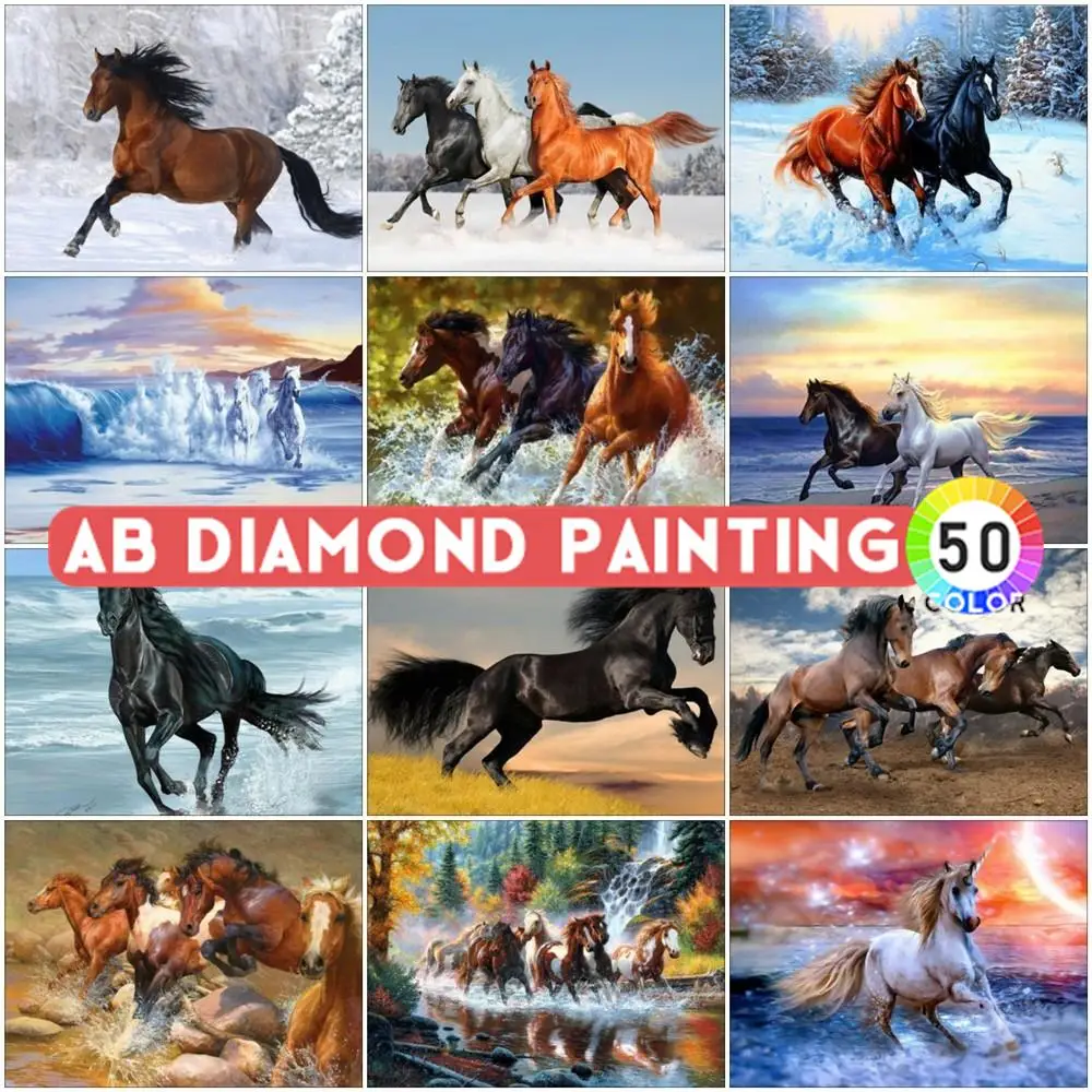 5d AB Drills Diamond Painting Horse Running Full Square Round Diy Embroidery Animal Mosaic Rhinestone Scenery Home Decoration