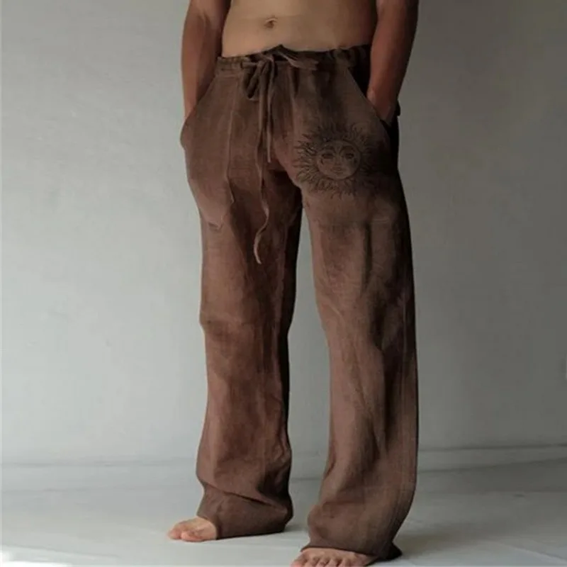 

Sun Flower Print Full Length Pants Pocket Drawstring Linen Trousers Men Men's Casual Pants sweatpants