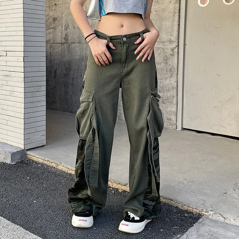 Autumn Casual Loose Color Trousers Contrast Camouflage Ribbon Jeans Girl Style Wide Leg Pant Spice Straight Overalls Pants Women