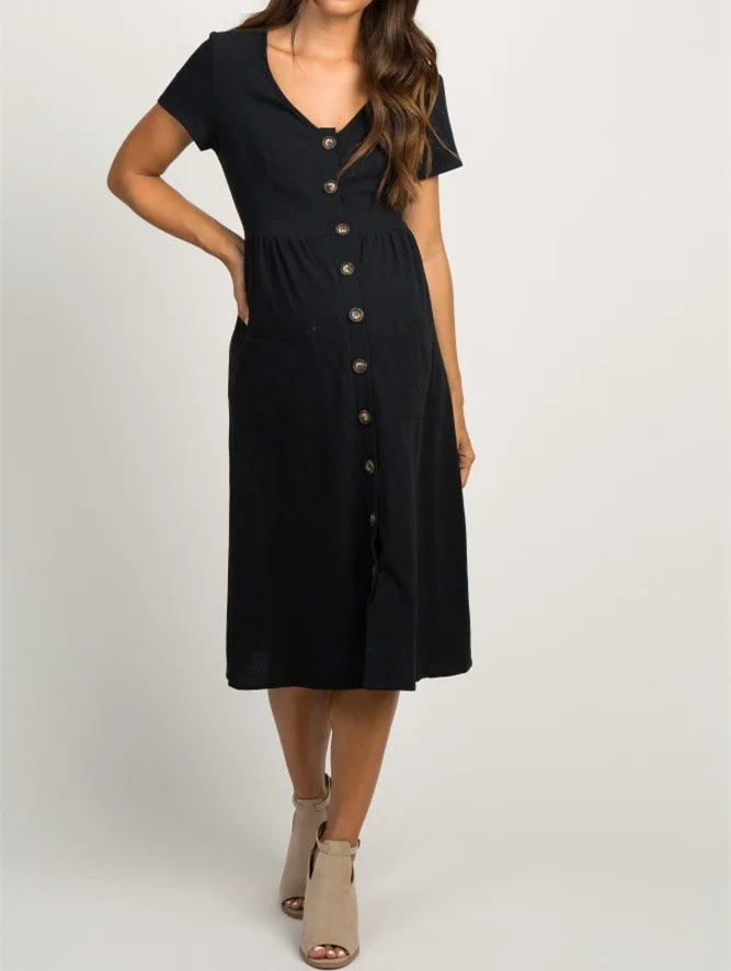 

Button Pocket Maternity Dresses Pregnant Women Office Casual Clothes Cotton Summer Female Plus Size Pregnancy Dress Graduation