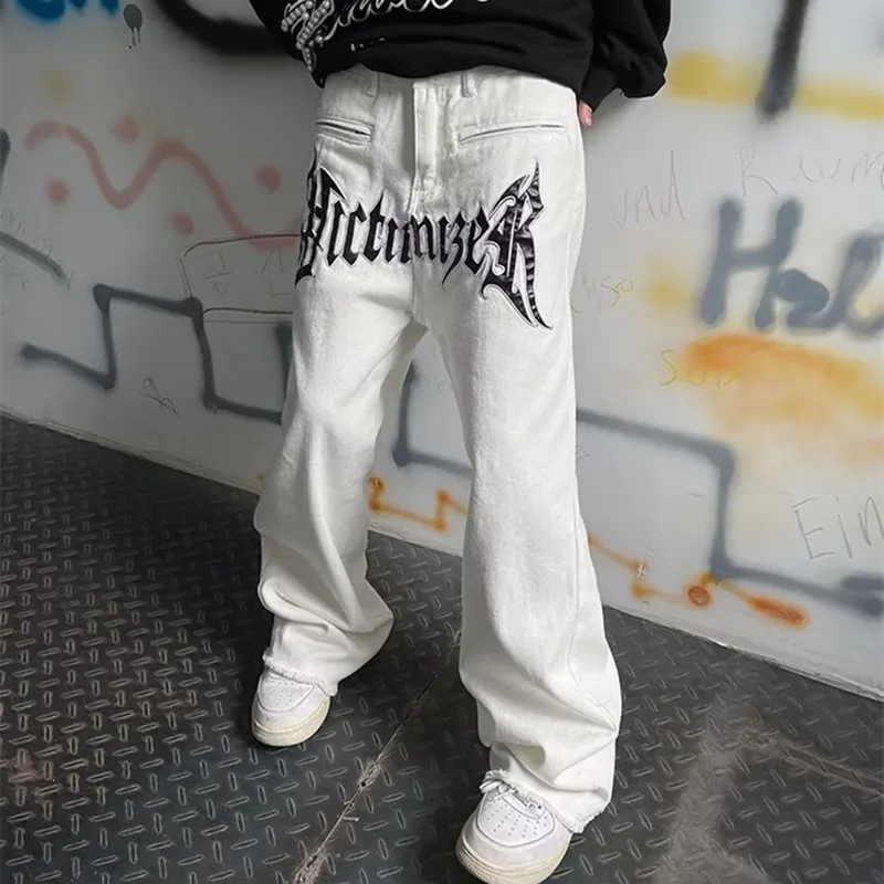 2023 Men's Pants Y2K New Cool Design Leather Embroidery White Baggy Fashion Street Wear Straight Loose Hip-hop Jeans Pants