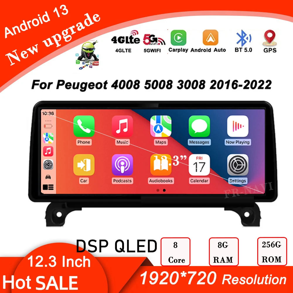 

12.3 Inch 1920*720P Android 13 For Peugeot 4008 5008 3008 2016-2022 Octa Core FM RDS Car Radio Player GPS Stereo System 4G WIFI