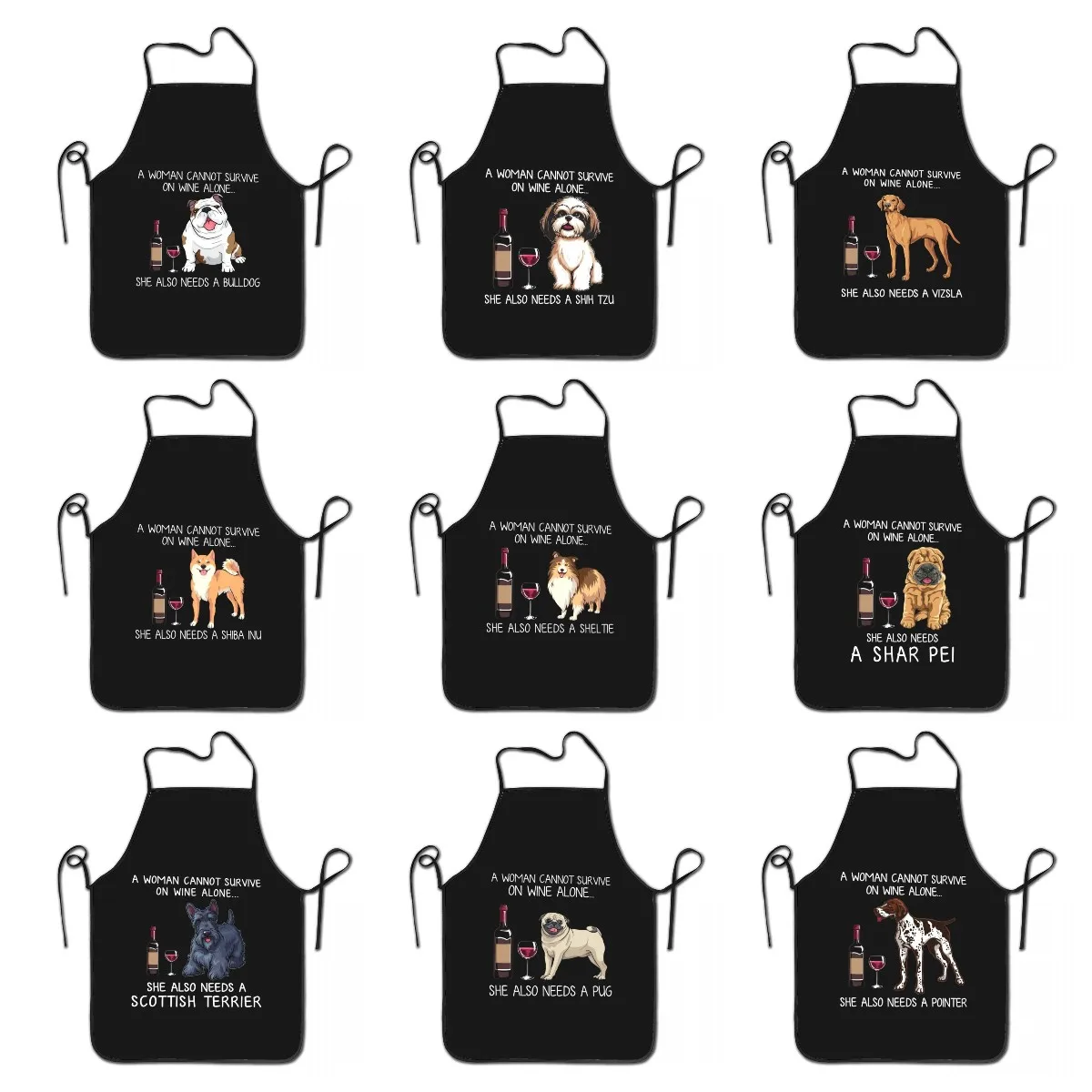 

Pug Chihuahua Border Terrier And Wine Apron Men Women Unisex Adult Chef Cooking Kitchen Dog Lover Tablier Cuisine Painting