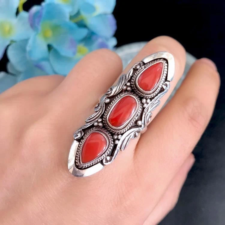 

S925 Silver Vintage Ring Fashion Trend Natural Organic Gemstone Tibetan Style Jewelry Women