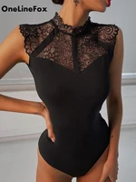 onelinefox sexy o neck lace bodysuit women black sleeveless rompers high wasit jumpsuit casual one pieces female bodysuit